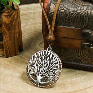 NWT Tree of Life Pendant Necklace Long Brown Cord Boho Spiritual Nature 31.5”